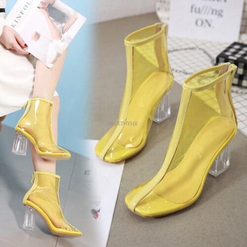2021 European and American Fluorescent Color Crystal Thick Heel Transparent Tape Color Matching High Heel Womens Sandal Boots