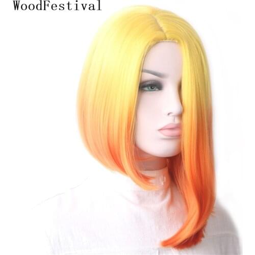WoodFestival Ladies Short Womens Wigs Synthetic Hair Cosplay Straight Bob Wig Female Ombre Colored High Temperature Fiber