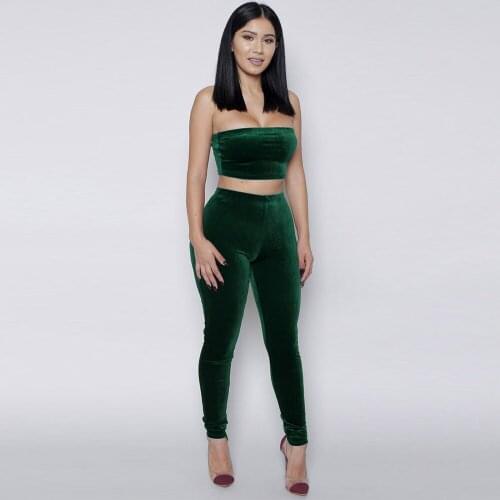 Womens Velvet 2 Piece Tracksuit Off The Shoulder Strapless Crop Top and Skinny Legging Autumn Fall Fitness Velour Club Outfit