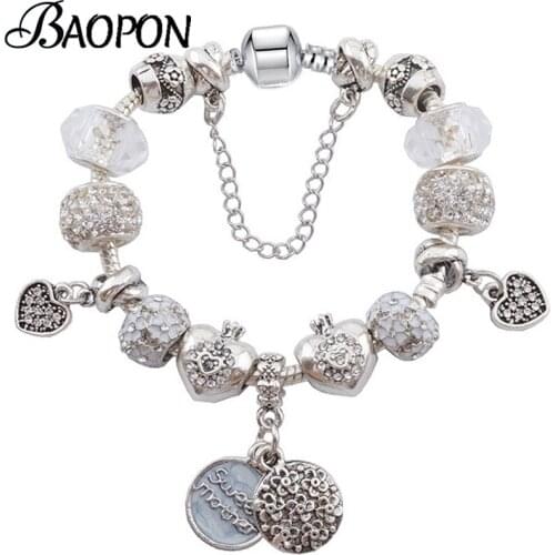 Silver Plated Sweet Mother Pendant Charm Bracelets For Women Mom White Love Heart Beads Bracelet As Mother Fashion Jewelry Gift