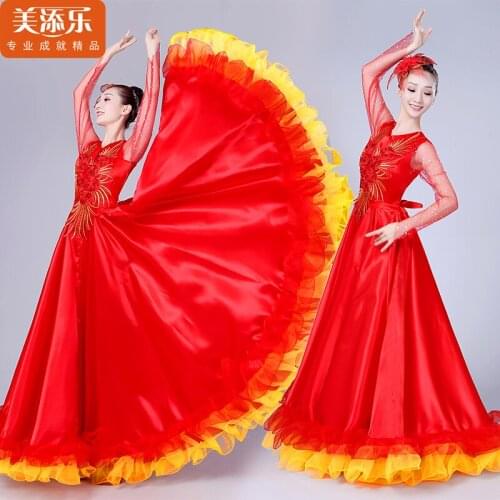 Women New Modern Opening Dance Big Swing Skirt Stage Costume Dance Double Sleeve Chicken Feet Flowers Costume Bling Suit H512