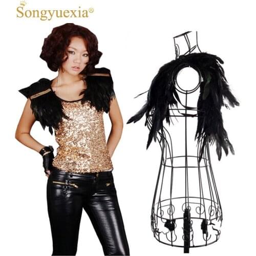 Songyuexia Womens Show stage accessory Dance Costume with Feather Shoulder for Singers Black