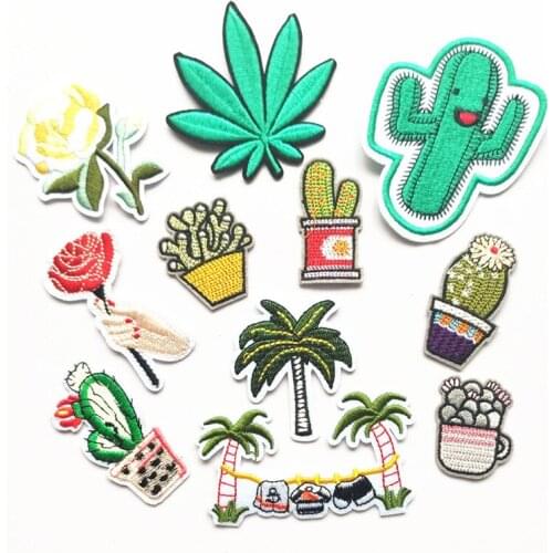 100pcs/lot Embroidery Patch Cactus Coconut Flower Leaf Clothing Decoration Backpack Sewing Accessory Iron Heat Transfer Applique