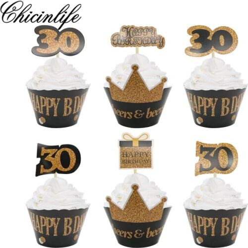 12Set 30th 40th 50th 60th Happy Birthday Cupcake Toppers Wrappers Adult Birthday Anniversary Decoration Supplies