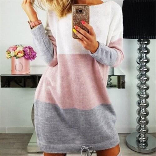 2020 Women Sweater Dress Winter Warm Loose Long Sleeve Dress Ladies O-Neck Patchwork Lace Up Knitwear Pullover Party Dresses