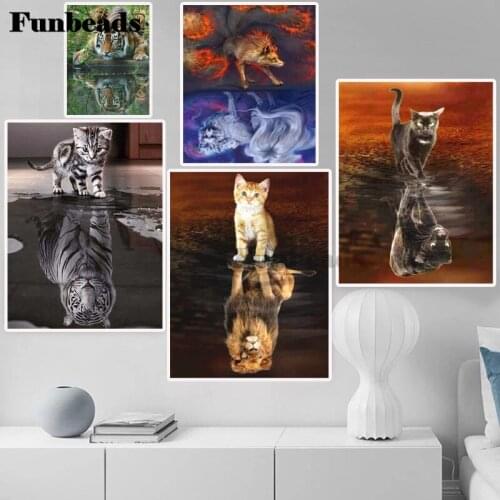 5D Diamond Painting Cat Full Square Diamond Embroidery Animals Reflection Pictures Of Rhinestones Mosaic Home Decor FF4213