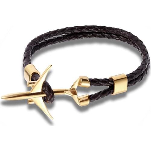 New Fashion Gold Stainless Steel Anchor Airplane Bracelets With Vintage Genuine Leather Bracelet Men Women Homme Jewelry