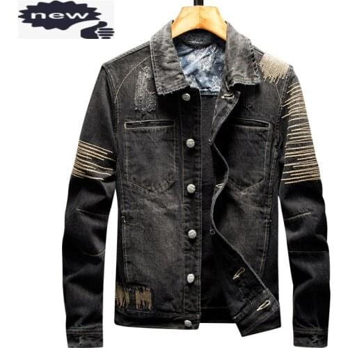 Embroidery Denim Coat Male Japan Style Vintage Slim Outside Jean Luxury Autumn Casual Long Sleeve Biker Jacket Outwear