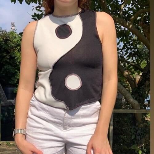 E-girl Gothic Patchwork Rib Knit Tank Top Women Summer Basic Sleeveless Cropped Mini Vest Female Harajuku Streetwear 90s Outfits