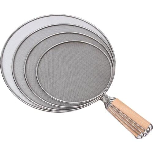 21cm/25cm/29cm/33cm Oil Splatter Screen Stainless Steel Fine Mesh Grease Splatter Guard with Wooden Handle for Frying Pan Tools