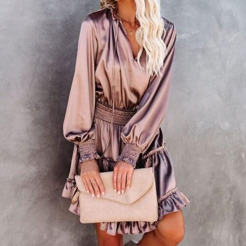 Elegant Ruffle Short Dress Women High Waist Long Sleeve Dresses Temperament V-Neck Solid Color Vestidos Wholesale