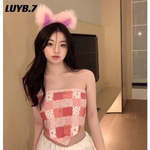 Summer pink triangle bandeau strapless bottoming vest Sleveeless Tube Top and high waist drawstring shorts