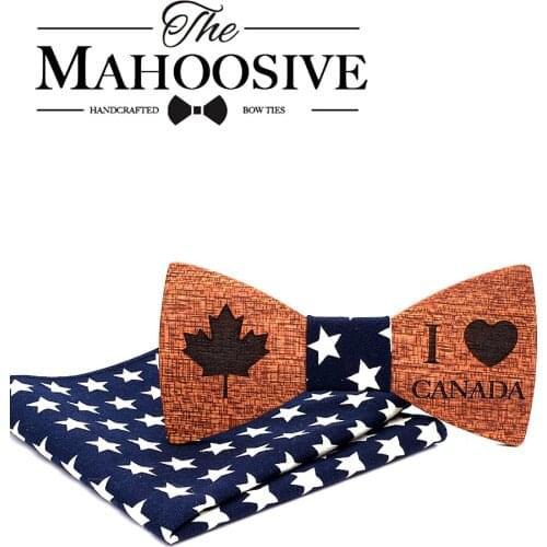 Mahoosive Mens Wood Bowtie Hanky Set Brand Business CANADA Wooden Bow Tie Neckties Hadkerchief Set for Wedding Groom Tie