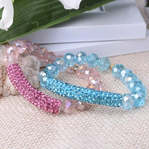Fashion Jewelry Long Tube Pave Bead Bar With Crystal Bead Elastic Colorful Women Bracelet MBC48