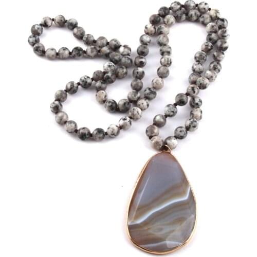 MOODPC Fashion Bohemian Tribal Jewelry Beautiful Stripe Stone long Knotted Necklaces Facet Drop Pendant Ethnic Necklace