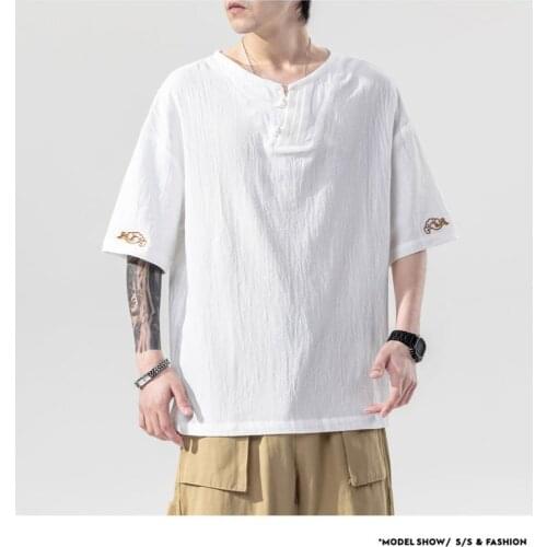 Summer Chinese Style Linen Short Sleeve Oversized Embroidery T-Shirt Men Hip Hop Fashions Tee Streetwear Harajuku T Shirt Male