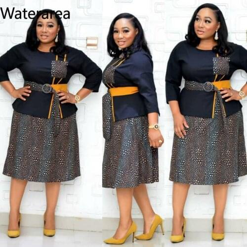 Waterarea Women African Style Plus Size Three Quarter Sleeve High Waist Fake Two 2 Piece Dresses