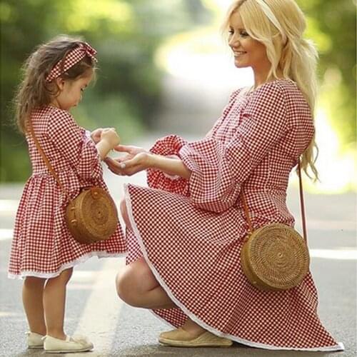 Family Matching Outfits Dress Plaid Mother Daughter Red Grid Dresses Party For Mommy And Me Mom Daughter Clothes Family Look New