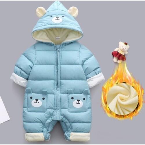 Autumn Winter Baby Snowsuit Cartoon Bear Plus Velvet Warm Newborn Rompers Baby Girls Outfit Toddler Boys Jumpsuit