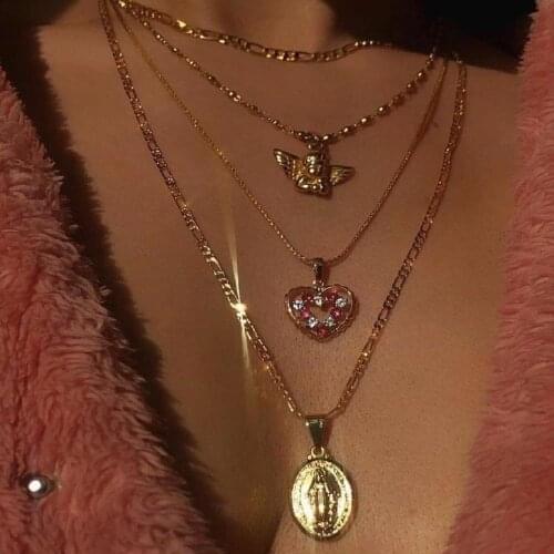 Fashion Necklaces Boho Retro Peach Heart Crystal Virgin Mary Pendant Angel Wings Gold Necklace Women Charm Jewelry Accessories