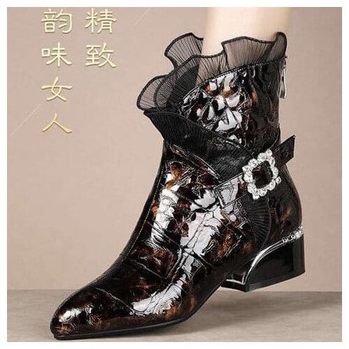 Womens autumn winter new style patent leather short boots thick heel medium tube short boots pointed thermal big boots