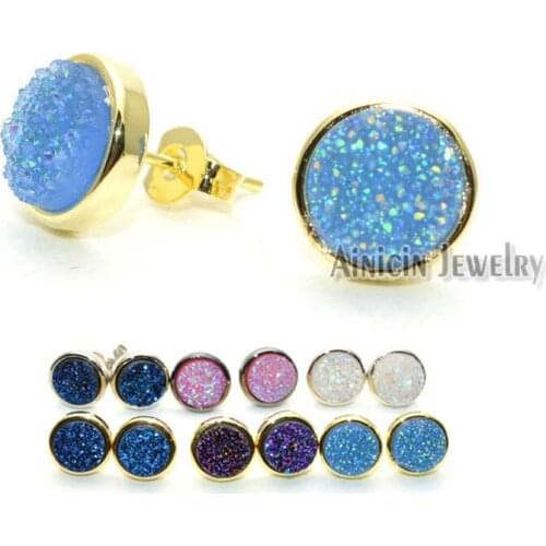 Various Colors Round Stud Earrings Natural Drusy Crystal Gold Silver Plating Fashion Men and Women Gift Jewelry