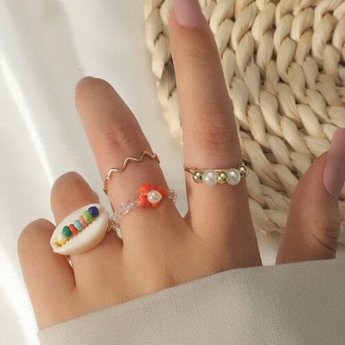 Romantic Shell Pendant Flower Rings for Women Girl Pearl Colorful Resin Beads Statement Adjustable Ring Summer Beach Jewelry