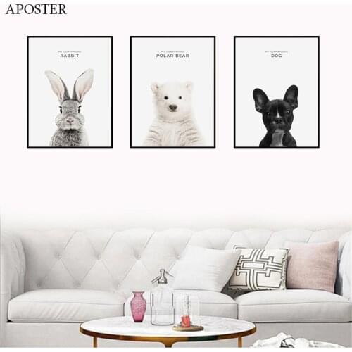 Nordic Poster Rabbit Bear Dog Cartoon Canvas Prints Painting Quote Wall Pictures For Living Room Home Modern Minimalist Decor