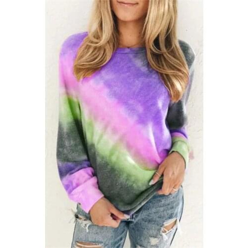 Womens gradient tie-dye print o-neck t-shirts autumn long sleeved new casual tees for ladies loose basic home clothes female