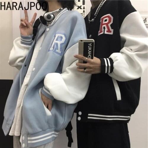 Harajpoo Women Jacket Spring Autumn Harajuku Style Ins Retro Stitch Letter Embroidery Plus Velvet Baseball Uniform Couple Coat