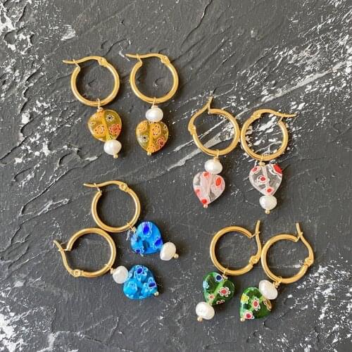 Minar Sweet Flowers Print Love Heart Earrings for Women Candy Color Irregular Pearl Hoop Earrings Unique Party Beach Jewelry