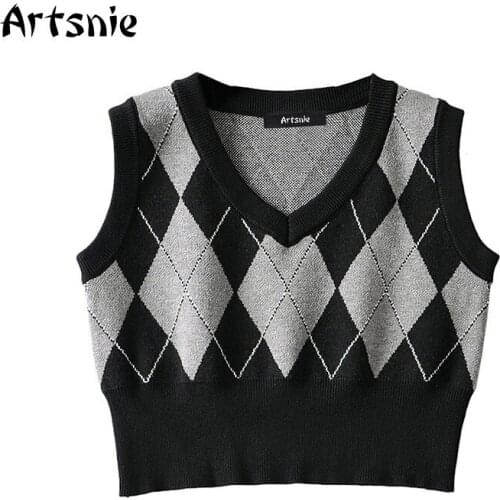 Artsnie Vintage Argyle Sweater Vest Women Spring V Neck Sleeveless Pull Femme Streetwear Casual Black Ladies Sweater Vest Femme