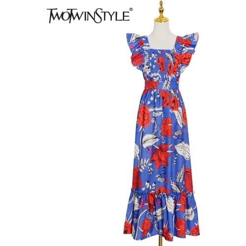 TWOTWINSTYLE Hollow Out Print Dress For Women Square Collar Short Sleeve High Waist Vintage Dresses Female Fashion New Style