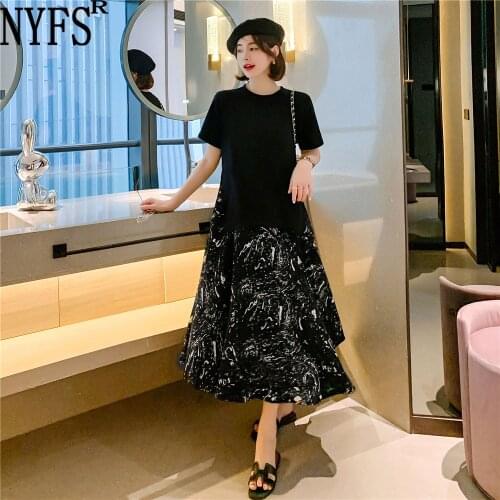 NYFS Summer Dress 2021 Korean New Loose Short Sleeve Woman Dress Vestidos Robe Elbise Fashion Patchwork Chiffon Long Dress