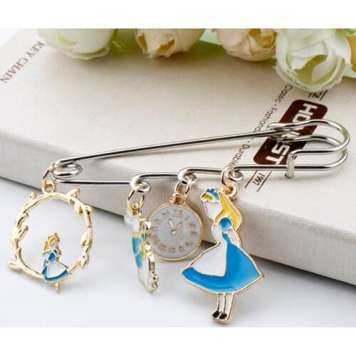 Alice Pins Brooch Buckle Metal Enamel Rabbit Clock Poker Shape Badge Symbol Brooches Jewelry Women Safety Pins