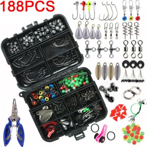 188PC Fishing Accessories Kit set with Tackle Box Pliers Jig-Hooks Swivels clamp