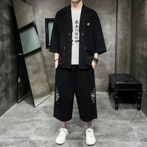 2020 Men Traditional Chinese Set 3/4 Sleeve Cotton Kungfu Cardigan Embroidery Tang Suit Kung Fu Set Asian Taichi Tang Suit 10814