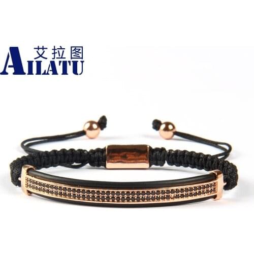 Ailatu Fashion Jewelry Micro Pave Brass Black Cz Double Long Tube Watch Protector Macrame Bracelet