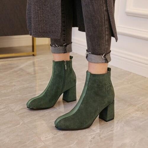 Ankle Boots Women Winter Shoes Brand Female Boots Square Heels Zipper Simple Casual Shoes Bordered Autumn Green New Arrival