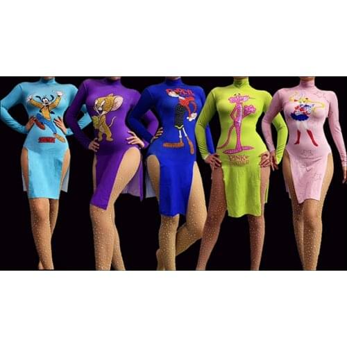 Novery cartoon pattern one piece group dance split skirt long sleeve skinny thin Anime theme party mini dress