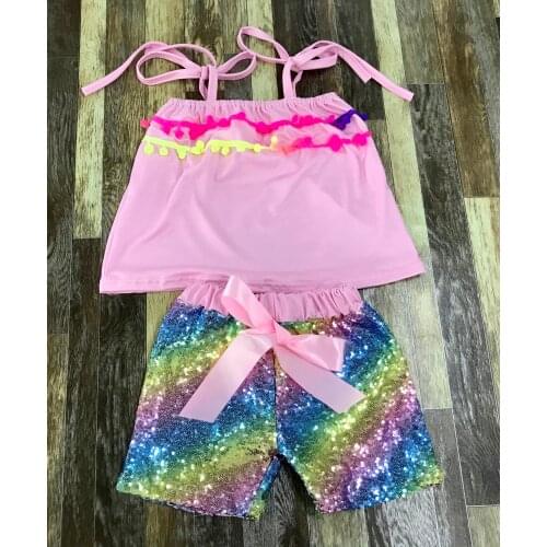 Childrens boutique summer clothes tie bowtie elastic one-line shoulder sequin shorts suit
