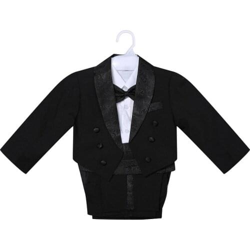 Boys Black Bow Tie Christening Suit Kids Full Sleeve Formal Baptism Tuxedo Set Children Gentlemen Birthday Clothing Outfits 5Pcs