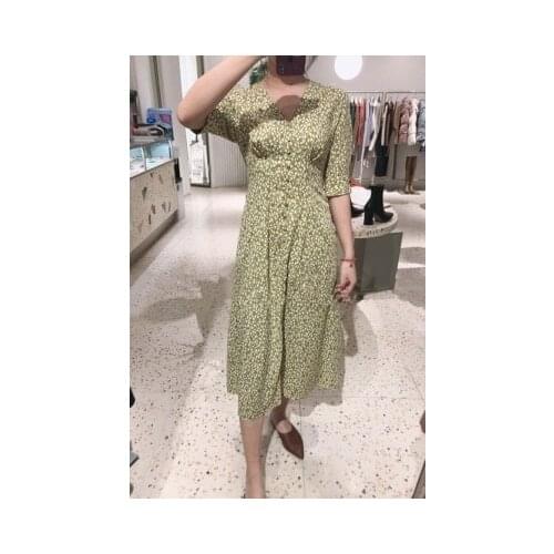 Elfbop Women Cute Floral Printed V Neck Button Front Midi Dress With Short Sleeve