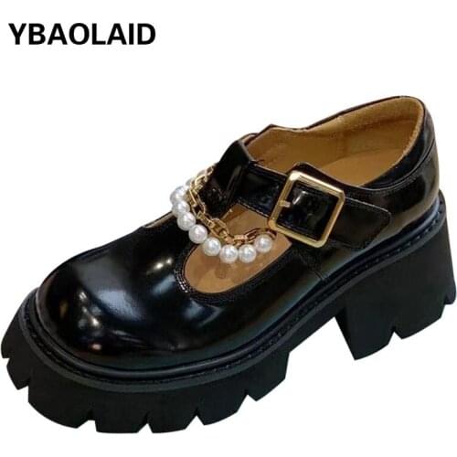 Autumn New Style Leather Pearl Trifle Platform Casual Shoes Round Toe Metal Chain One Word Buckle Thick Heel Mary Jane Shoes