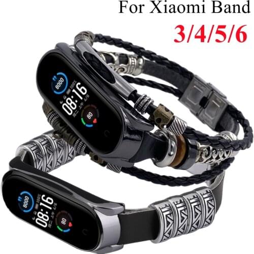 Leather Bracelet for Mi Band 6 5 4 3 Wristband 3D Relief Stainless Steel Case Leather Strap Pulseira For Miband 6 Mi Band5 4 Mi3