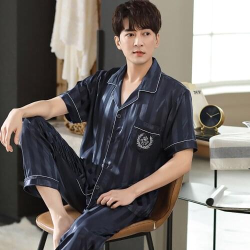 Summer Satin Silk Pajama Sets High Quality Skin-friendly Men Pajama Fashion Striped Pajamas With Embroidery Pocket Pyjama Sets