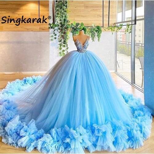 Sweet 16 Sky Blue Quinceanera Dresses V Neck Ruched Ball Gown Dress Prom Gowns Vestido De 15 Anos Quinceanera 2020
