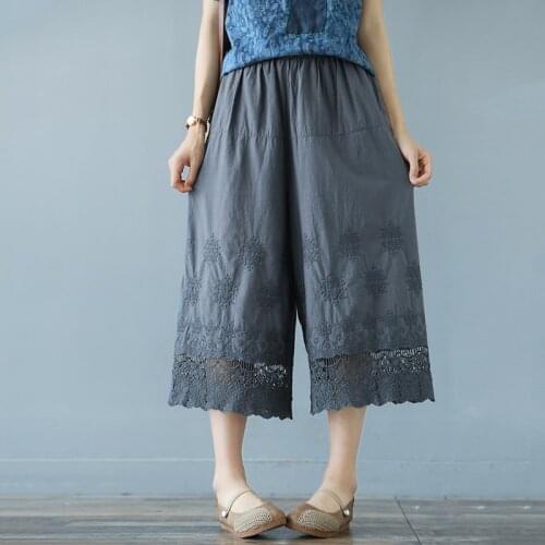 Sweet lace Hook flower embroidered elastic waist solid color wide leg pants cotton calf-length pants
