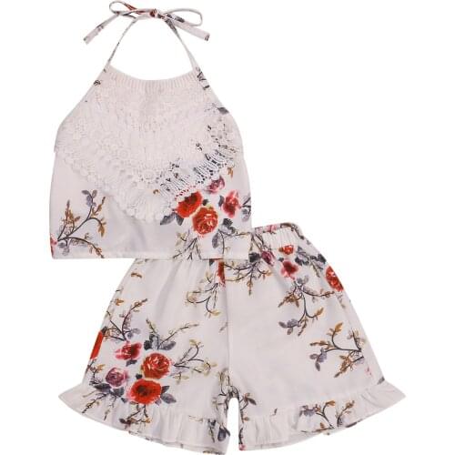 Fashion Toddler Kids Baby Girl Summer Clothes Set 2pcs Floral Printed Lace Sleeveless Tops Shorts Outfits Set 2-7Y