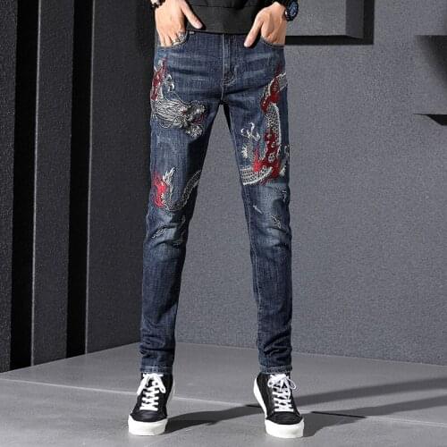 Four seasons Chinese style brand super fire dragon embroidery mens slim straight trendy stretch casual trousers mens jeans